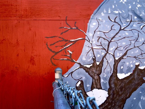snowflake street city blue trees winter red urban snow hot cold building tree art wall fence landscape grey artwork mural hand seasons painted branches scenic change yinyang stockton flurry divided otherside
