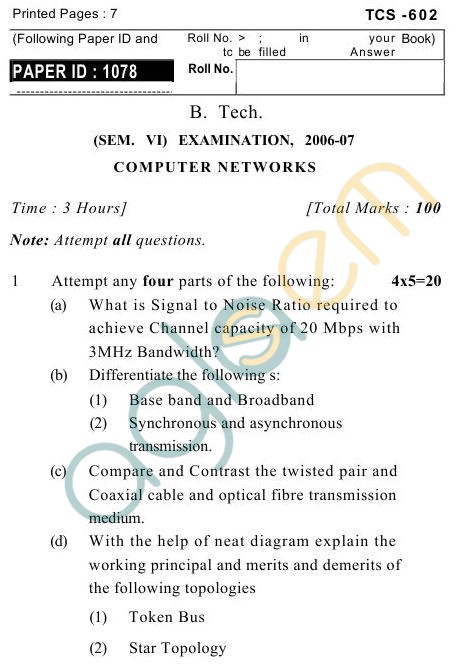 UPTU B.Tech Question Papers -TCS-602- Computer Networks