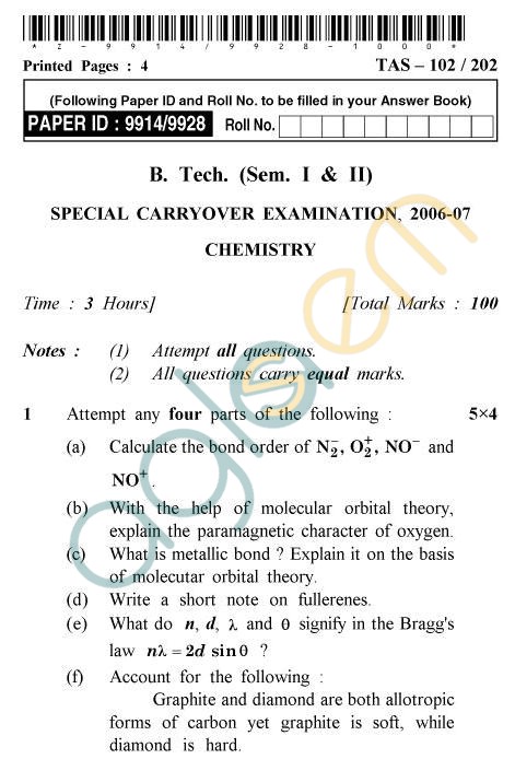 UPTU B.Tech Question Papers -TAS-102/202- Special Carryover Examination, 2006-2007 Chemistry