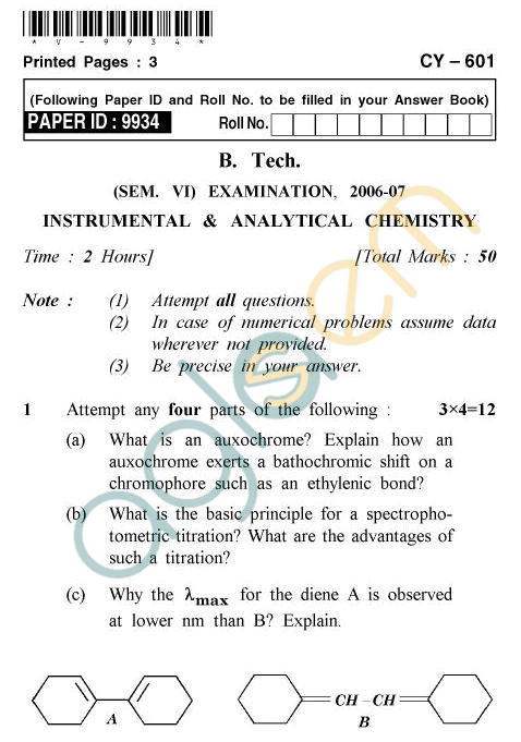 UPTU B.Tech Question Papers - CY-601 - Instrumental & Analytical Chemistry