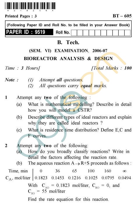 UPTU B.Tech Question Papers - BT-605 - Bioreactor Analysis & Design