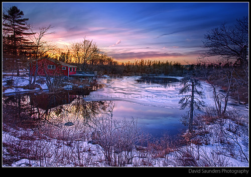 ocean longexposure nightphotography winter sunset red sky house lake snow canada tree pine night clouds rural forest photoshop canon frozen pond cabin novascotia dusk country cottage shed violet adobe peggyscove hdr thaw cs6 ef2470mmf28l copyrightallrightsreserved davidsaunders 5dmkii mcgrathscove davethehaligonian img2759hdr2 springthawatmcgrathscove