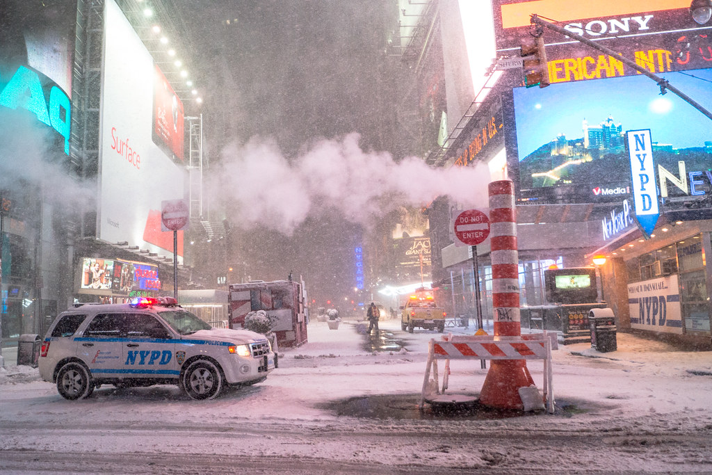 Blizzard 2013 New York City - Nemo - Midtown - Times Square Smoke Stack and Snow