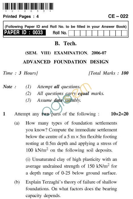 UPTU B.Tech Question Papers - CE-022-Advanced Foundation Design
