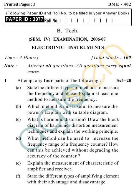 UPTU B.Tech Question Papers -BME-402- Electronics Instruments