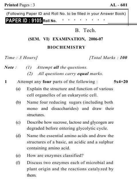 UPTU B.Tech Question Papers -AL-601- Biochemistry