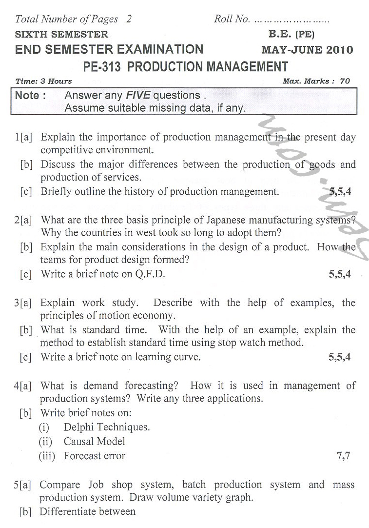 DTU Question Papers 2010 – 6 Semester - End Sem - PE-313