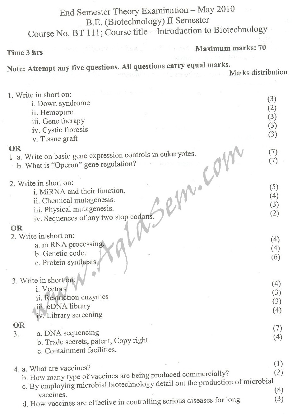 DTU Question Papers 2010  2 Semester - End Sem - BT-111