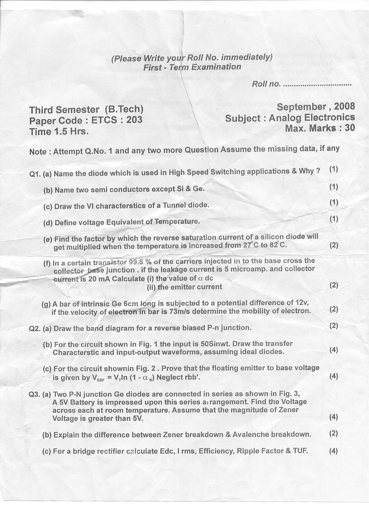 GGSIPU Question Papers Third Semester  First Term 2008  ETCS 203 A /ETCS 203 B