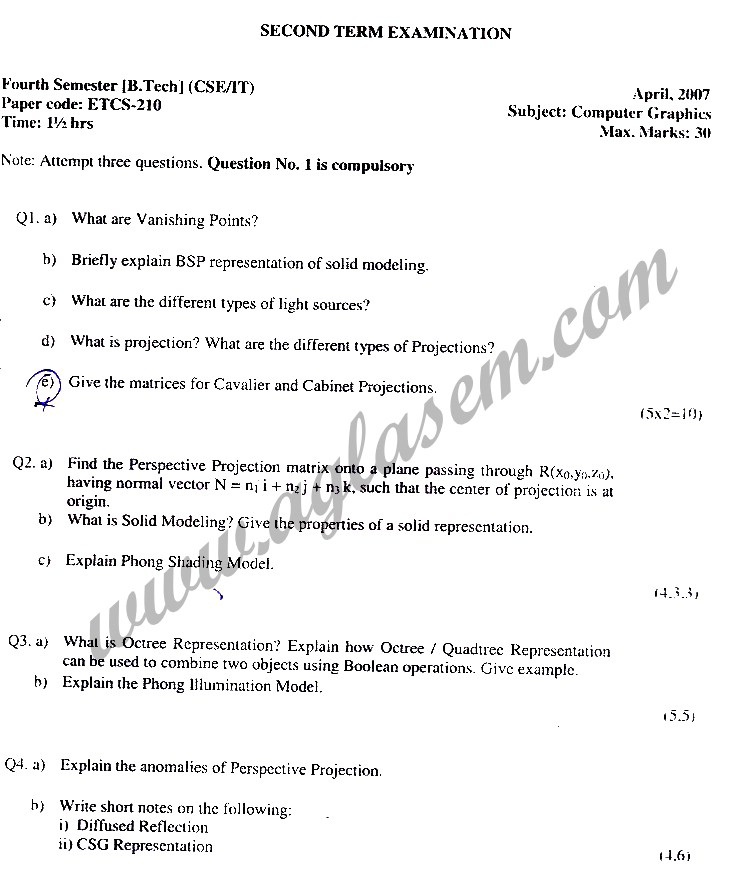 GGSIPU Question Papers Fourth Semester  Second Term 2007  ETCS-210