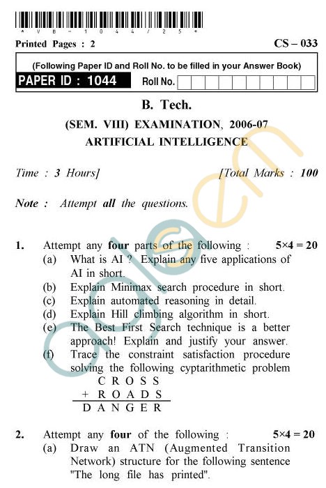 UPTU B.Tech Question Papers - CS-033 - Artificial Intelligence