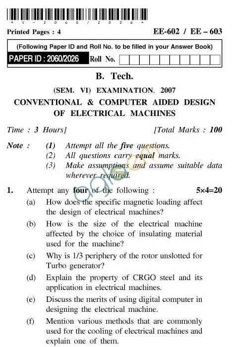 UPTU B.Tech Question Papers - EE-602/EE-603-Conventional & Computer Aided Design of Electrical Machines