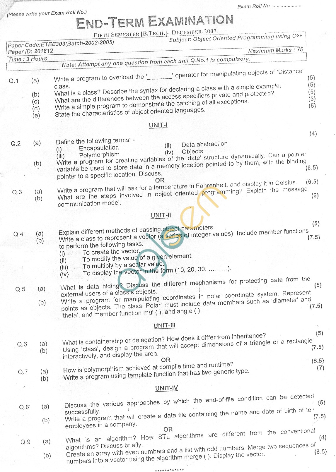 GGSIPU Question Papers Fifth Semester – end Term 2007 – ETEE-303