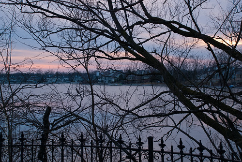 winter sunset lake tree water silhouette clouds indianapolis indiana wroughtironfence d80