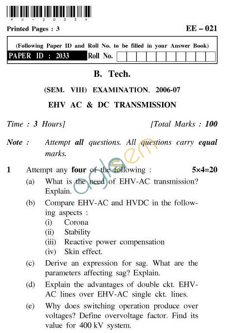 UPTU B.Tech Question Papers - EE-021-EHV AC & DC Transmission