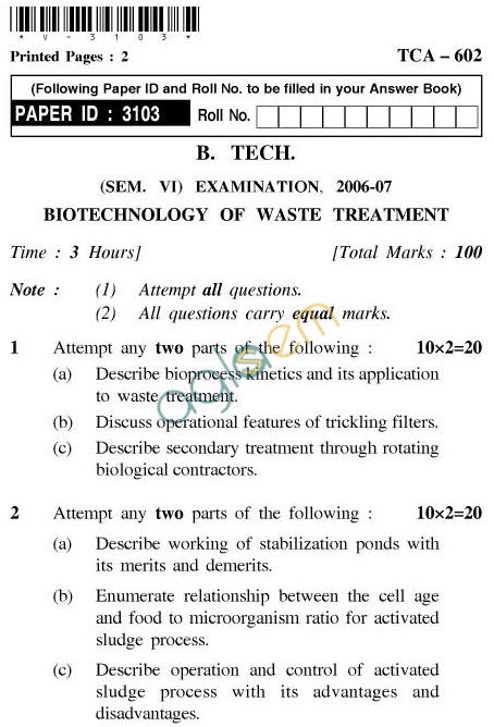 AKTU B.Tech Question Paper - TCA-602-Bio Technology of Waste Treatment
