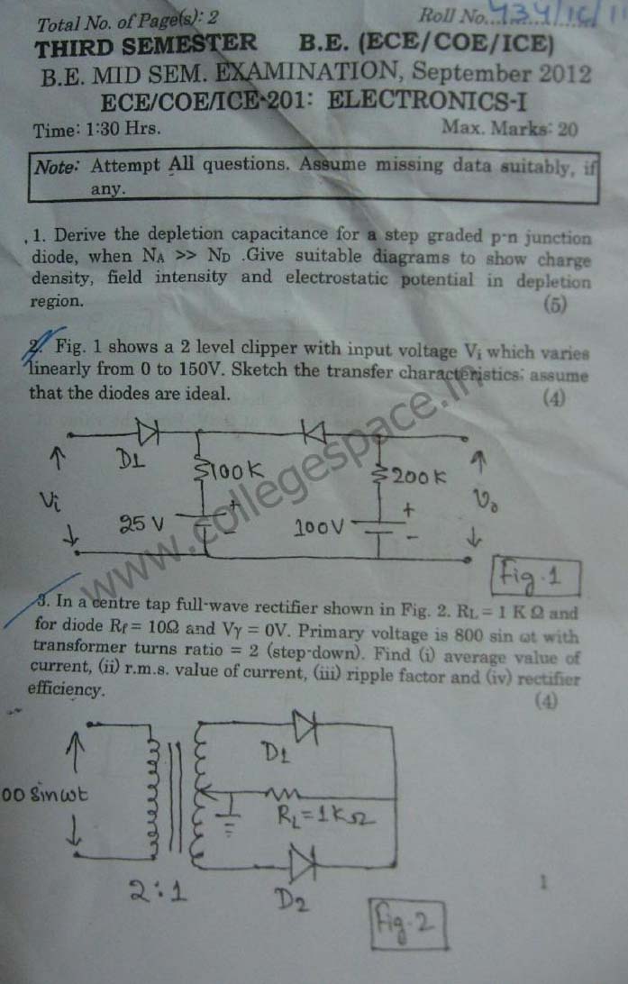 NSIT Question Papers 2012 – 3 Semester - Mid Sem - ECE-COE-ICE-201