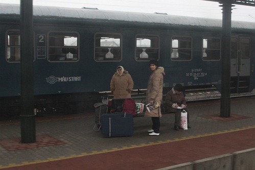 Passengers waiting for a train at Mezőtúr station