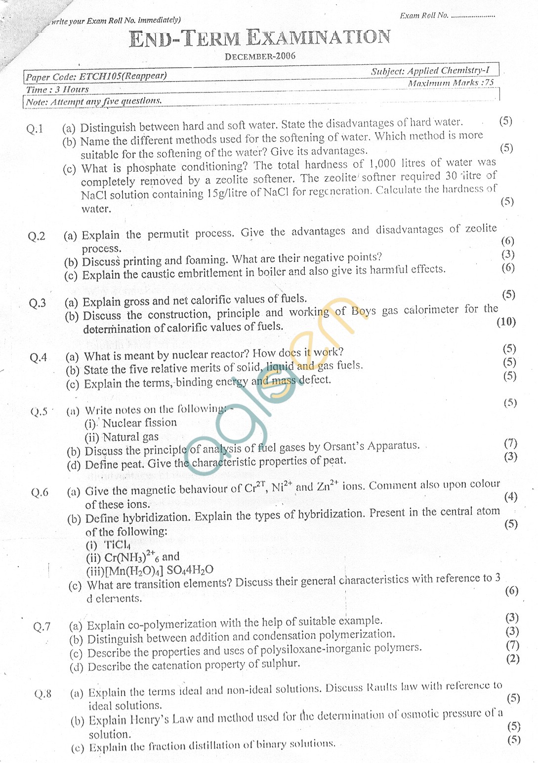 GGSIPU: Question Papers First Semester  end Term 2006  ETCH-105