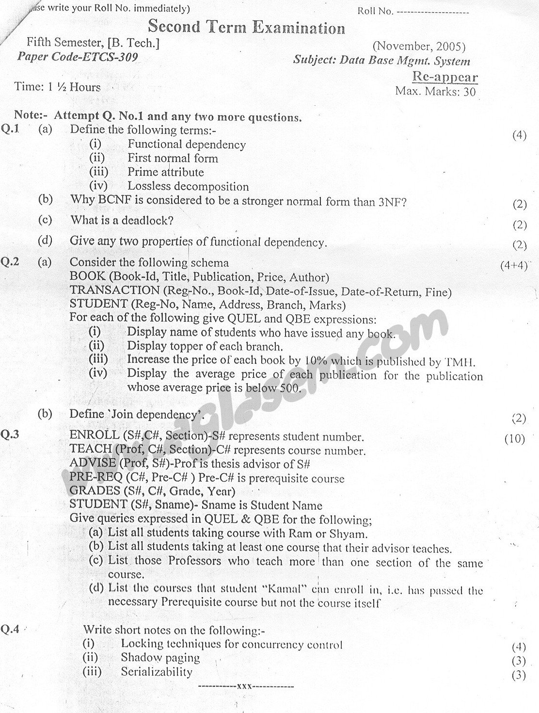 GGSIPU Question Papers Fifth Semester  Second Term 2005  ETCS-309