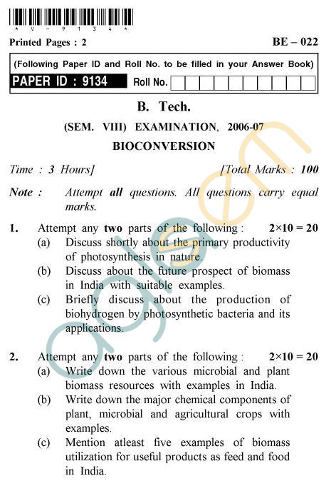 UPTU B.Tech Question Papers - BE-022 - Bioconversion