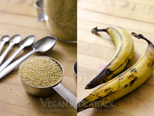Left pic: uncooked quinoa and measuring spoons, Right pic: plantains