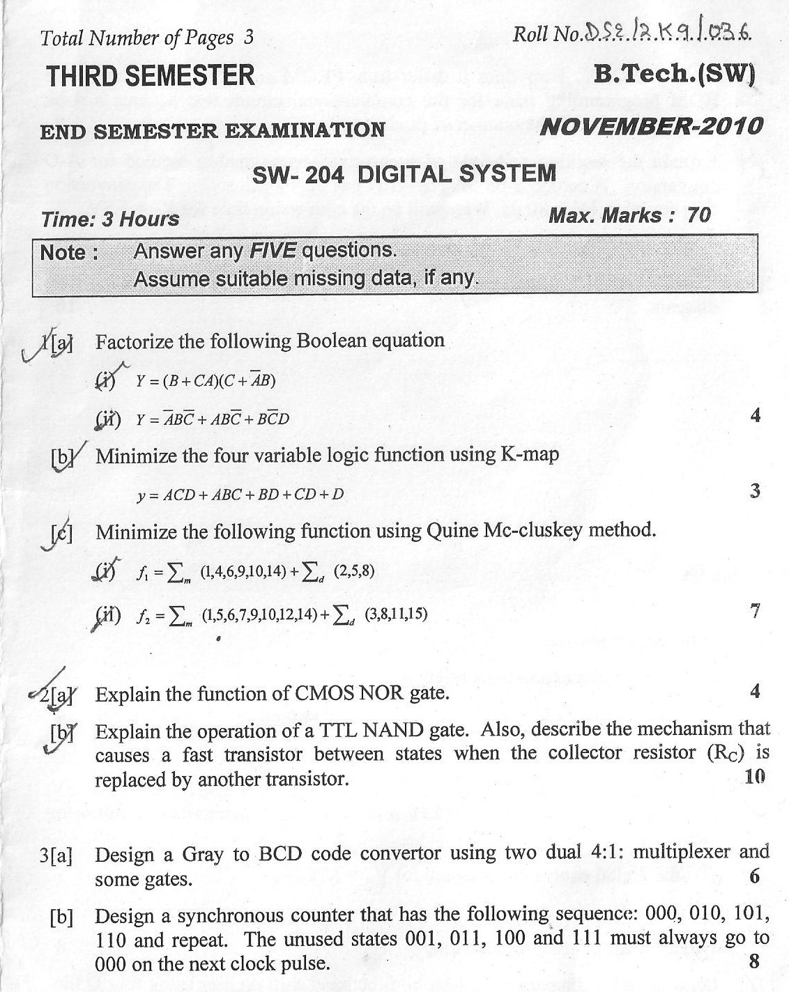 DTU Question Papers 2010 – 3 Semester - End Sem - SW-204