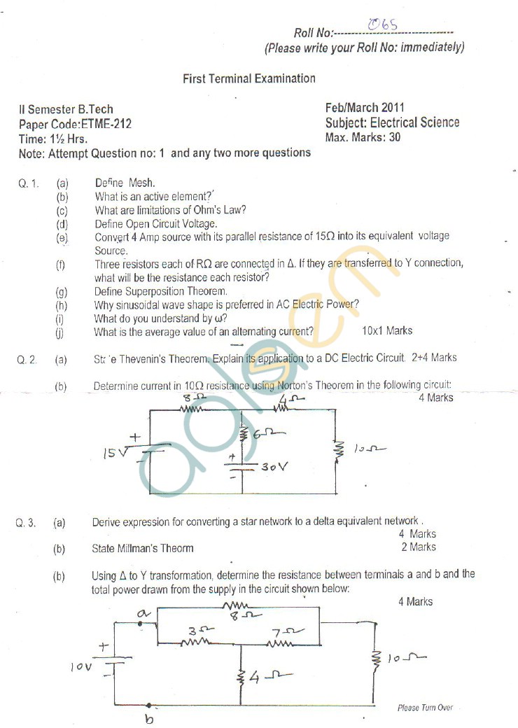 GGSIPU Question Papers Second Semester – First Term 2011 – ETME-212