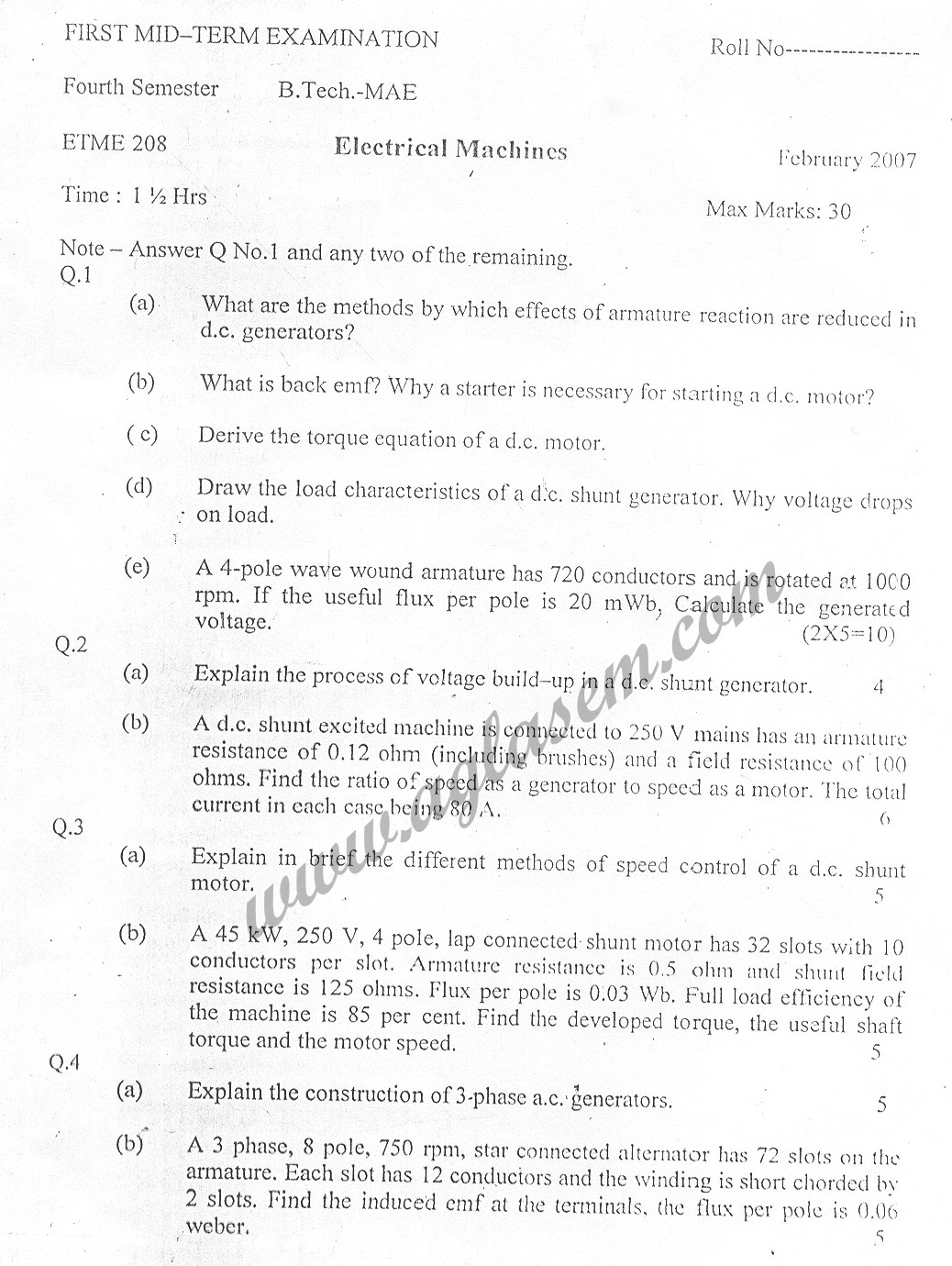 GGSIPU Question Papers Fourth Semester – First Term 2007 – ETME-208