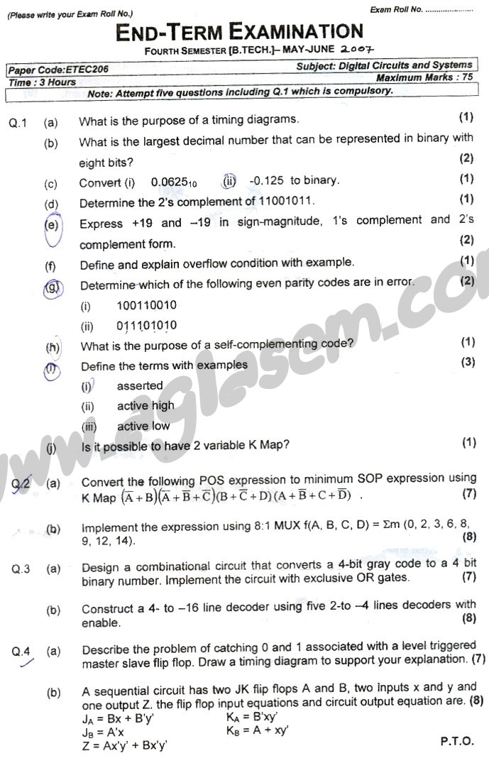 GGSIPU Question Papers Fourth Semester – end Term 2007 – ETEC_206
