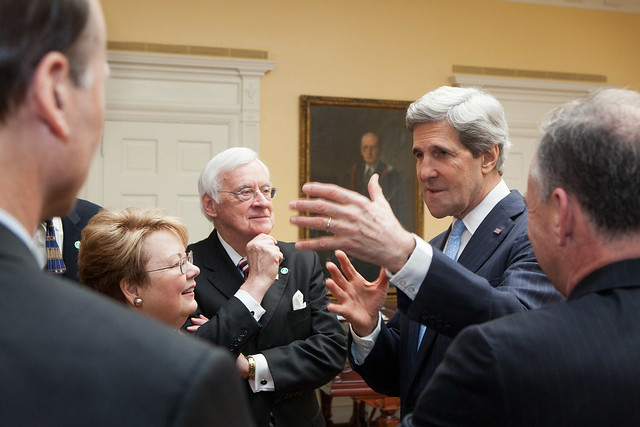 Secretary of State John Kerry meets with Senator Tim Kaine, Representative Robert Hurt and university leaders