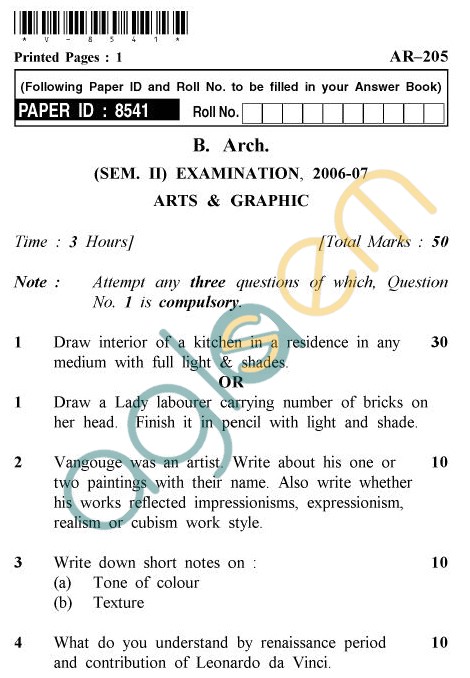 UPTU B.Arch Question Papers-AR-205-Arts & Graphic