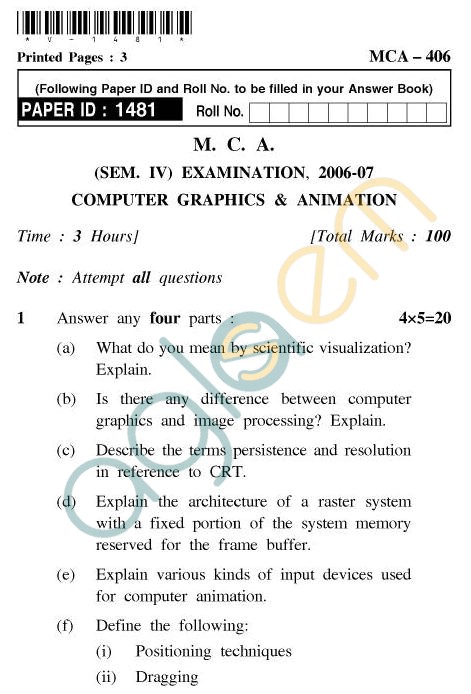 UPTU MCA Question Papers - MCA-406 - Computer Graphics & Animation 
