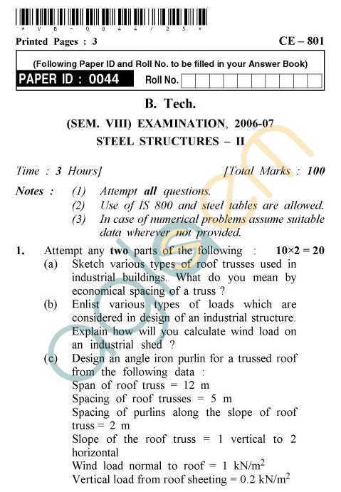 UPTU B.Tech Question Papers - CE-801 - Steel Structures  II