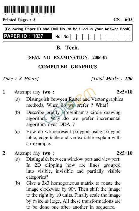 UPTU B.Tech Question Papers - CS-603-Computer Graphics