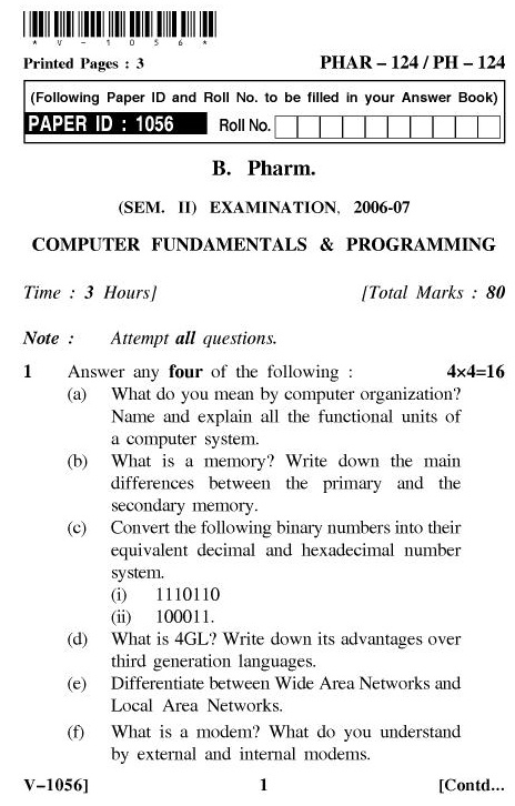 UPTU B.Pharm Question Papers PHAR-124/PH-124 - Computer Fundamentals & Programming