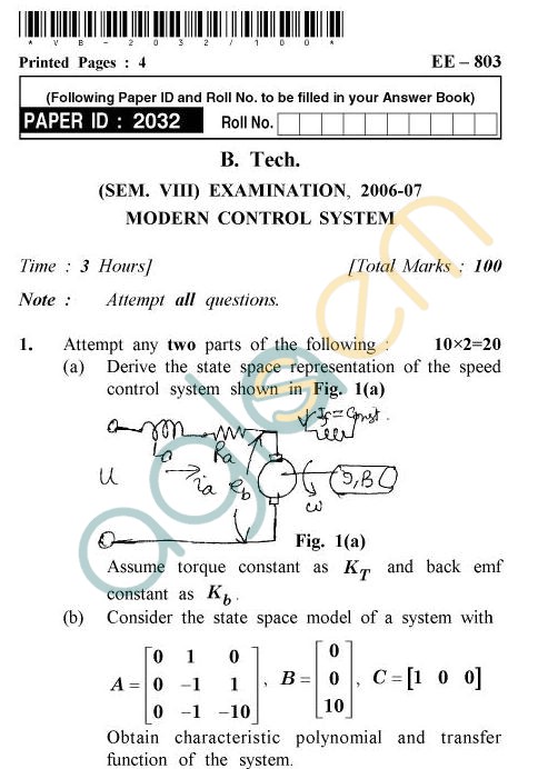 UPTU B.Tech Question Papers - EE-803 - Modern Control System