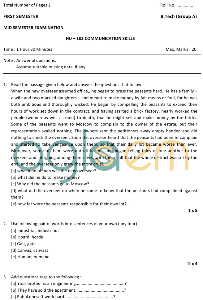DTU Question Papers 2010 – 1 Semester - Mid Sem - HU–102