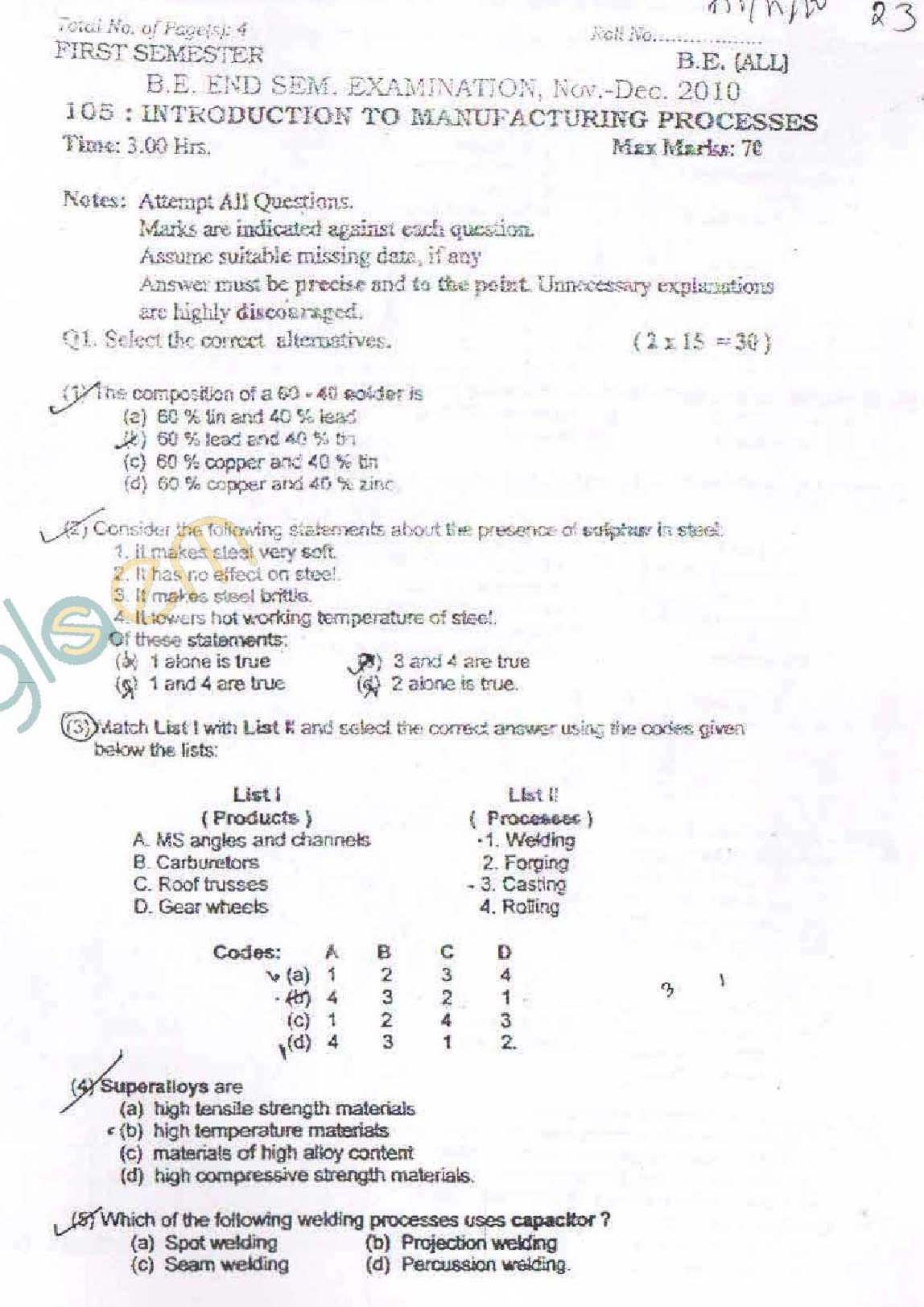 NSIT: Question Papers 2010 – 1 Semester - End Sem - All Branches-105