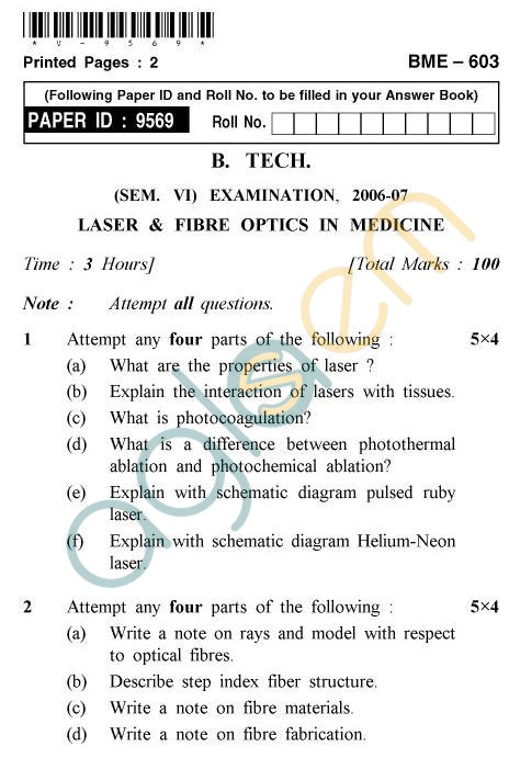 UPTU B.Tech Question Papers - BME-603 - Laser & Fibre Optics In Medicine