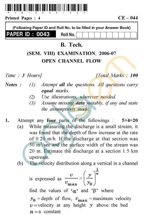 UPTU B.Tech Question Papers - CE-044 - Open Channel Flow