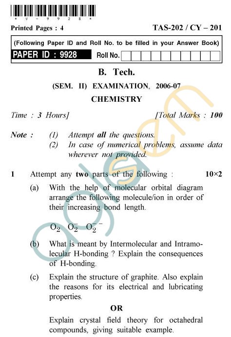 UPTU B.Tech Question Papers - TAS-202/CY-201 - Chemistry