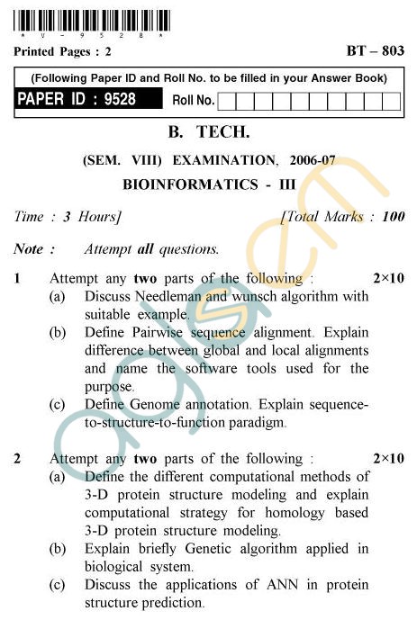 UPTU B.Tech Question Papers - BT-803 - Bioinformatics-III