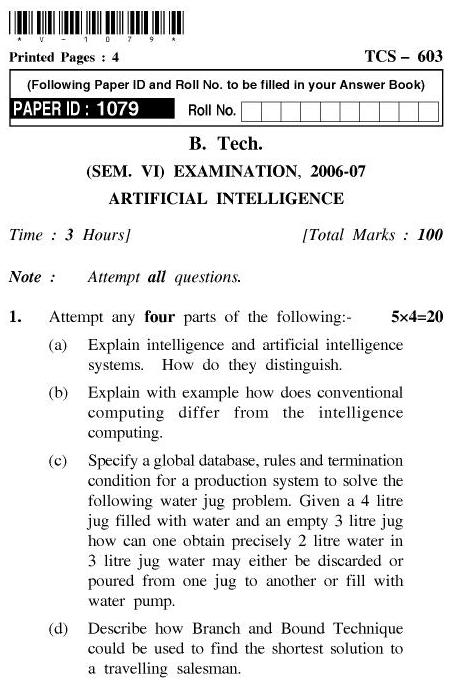 UPTU B.Tech Question Papers - TCS-603-Artificial Intelligence