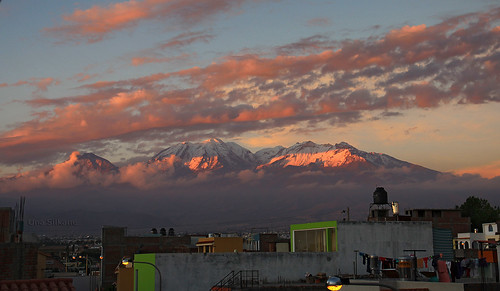 city houses sunset mountains peru clouds view arequipa vulcano chachani