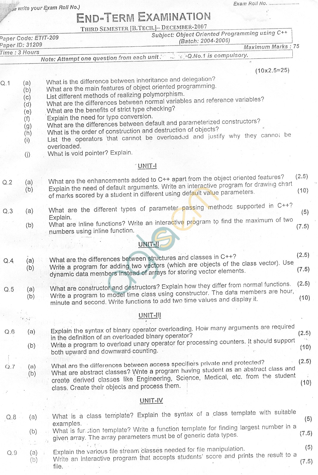 GGSIPU Question Papers Third Semester  End Term 2006  ETIT-209
