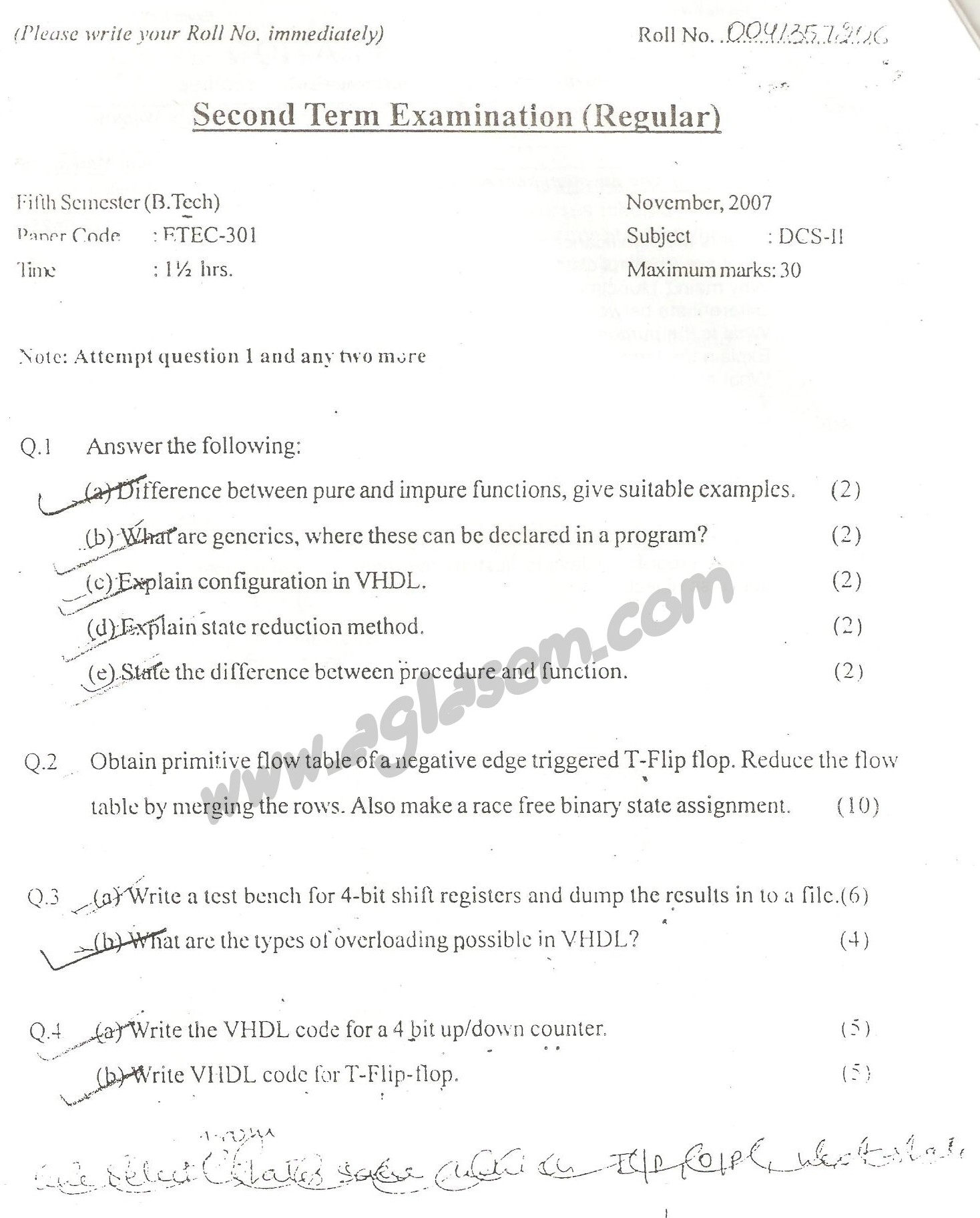 GGSIPU Question Papers Fifth Semester  Second Term 2007  ETEC-301
