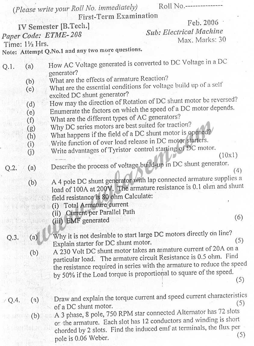 GGSIPU Question Papers Fourth Semester – First Term 2006 – ETME-208
