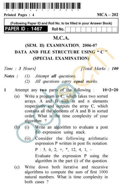 UPTU MCA Question Papers - MCA-202 - Data And File Structure Using :C (Special Examination)