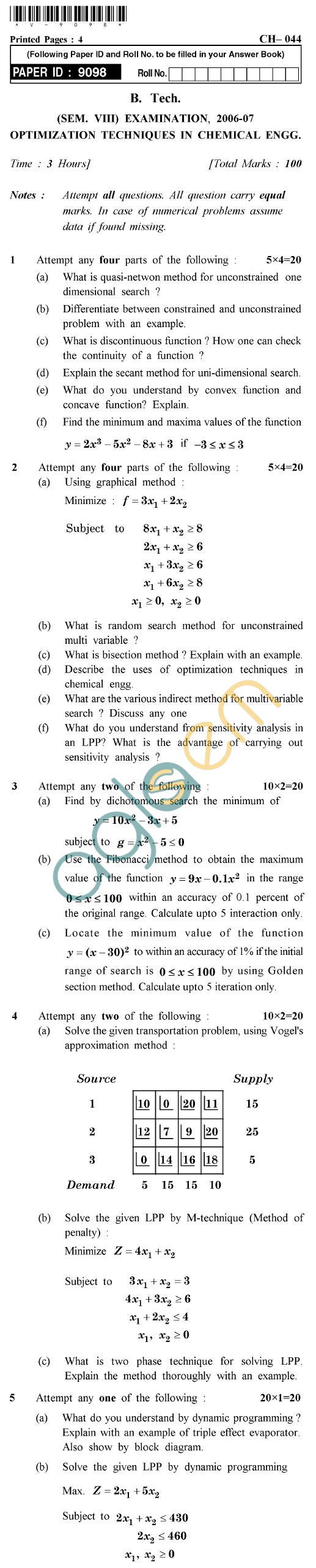 UPTU B.Tech Question Papers - CH-044 - Optimization Techniques in Chemical Engineering